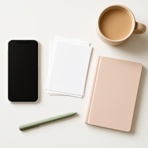 Flat lay of a smartphone, printed photos, blush notebook, and coffee cup on a clean desk — minimalist tech setup for organizing phone photos.
