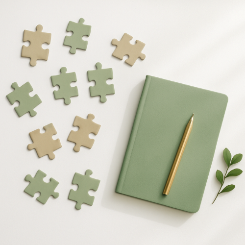 White workspace with puzzle pieces, sage notebook, and plant representing how hobbies improve memory after 50.