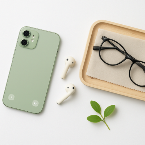 White modern workspace with smartphone, earbuds, wood tray, and plant representing simple tech setup tips for adults over 50.