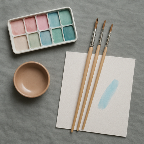 Gray fabric background with watercolor palette, brushes, and textured paper arranged for beginner watercolor painting for adults over 50.