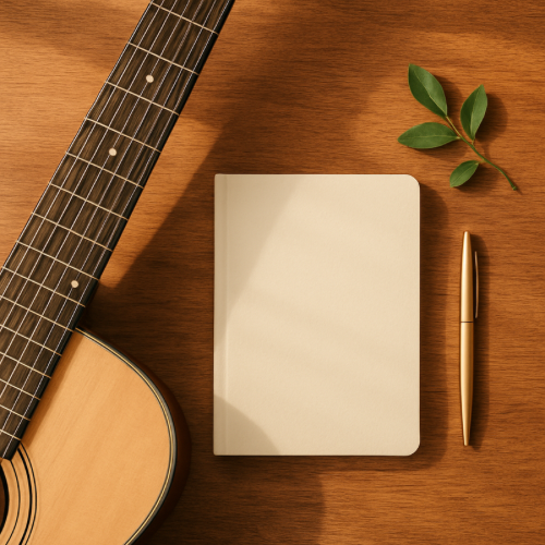 Oak wood desk with acoustic guitar neck, cream notebook, and plant representing learning guitar after 50.