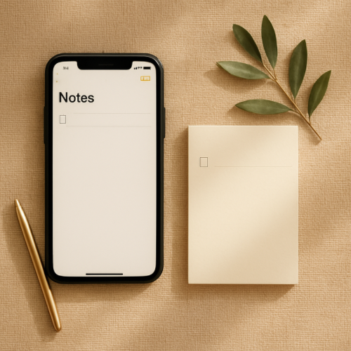 Beige woven fabric background with smartphone, stylus, and checklist representing using the Notes app to stay organized after 50.