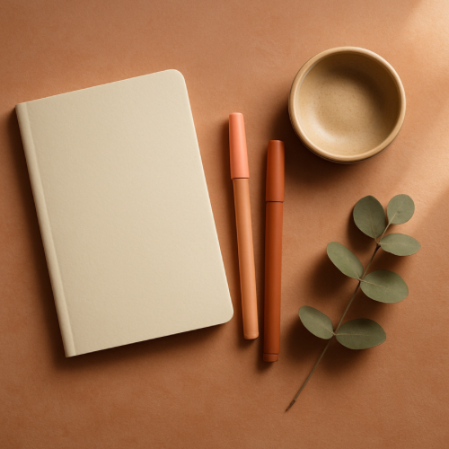 Clay-colored background with sketchbook, pens, and ceramic dish representing creativity after 50.