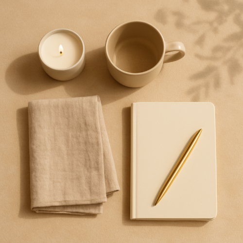 Sand-colored background with candle, notebook, and linen cloth representing starting a small weekly ritual after 50.