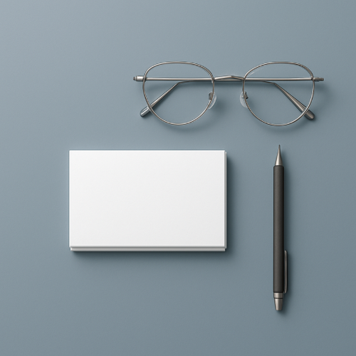 Slate-blue background with glasses, index cards, and pencil representing practical steps to manage forgetfulness after 50.