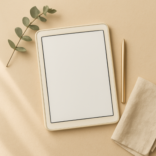 Warm cream flat-lay with tablet, stylus, and linen cloth representing comfortable tablet use for adults over 50.