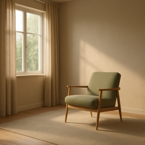 Calm interior photo of an empty living room with a single chair near a window, soft late-afternoon light casting gentle shadows, neutral beige and muted green tones, minimalist composition, peaceful and quiet atmosphere, no people, no objects in use, no text.