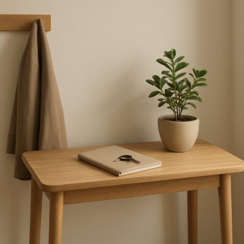 Simple home entryway with a notebook and keys arranged neatly on a table