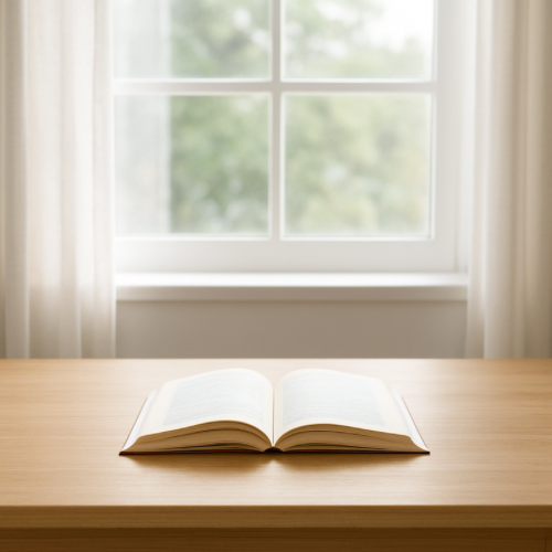 Open book on a clean desk in bright natural daylight