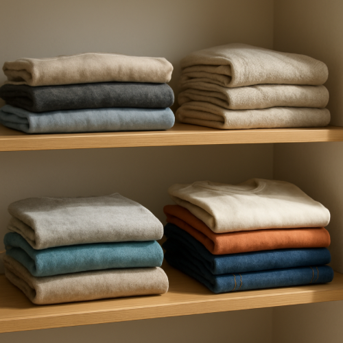 closet shelf with folded clothes before decluttering