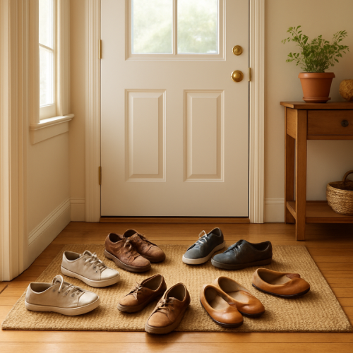shoes scattered near entryway door before organizing