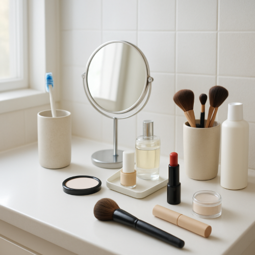 bathroom counter cluttered with toiletries before organizing