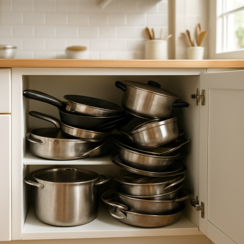 pots and pans stacked in kitchen cabinet before organizing