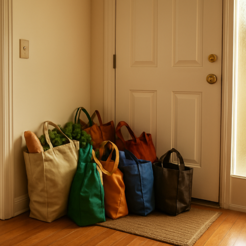 pile of reusable grocery bags near entryway door before organizing